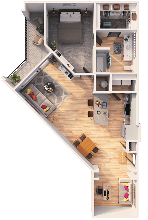 Floor plan for 1 bed, 1 bath, 885 sqft